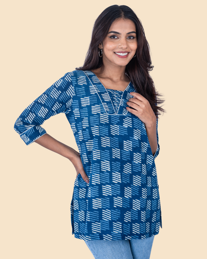 Indigo Cotton Hand Block Printed Short Kurta