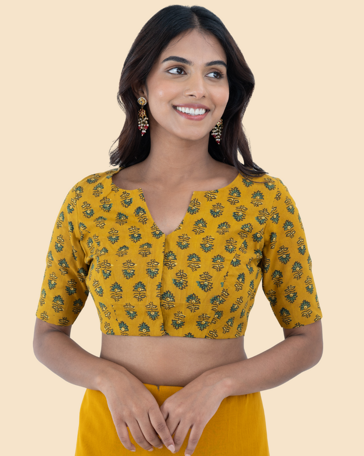 Mustard Cotton Ajrak Hand Block Printed Blouse