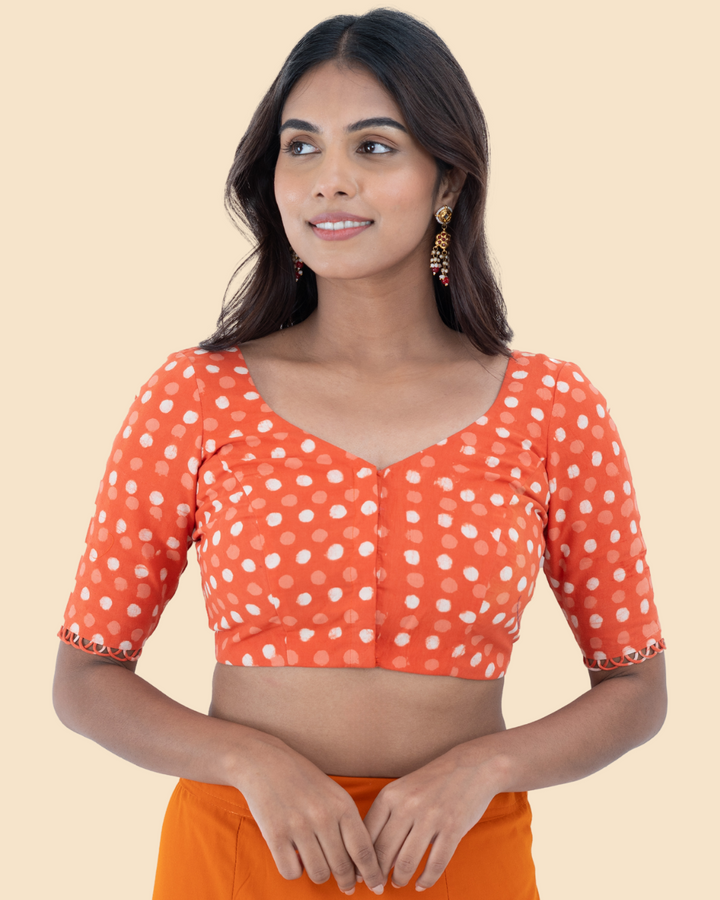 Orange Cotton Dabu Hand Block Printed Blouse