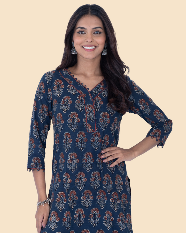 Blue Cotton Ajrak Hand Block Printed Long Kurta