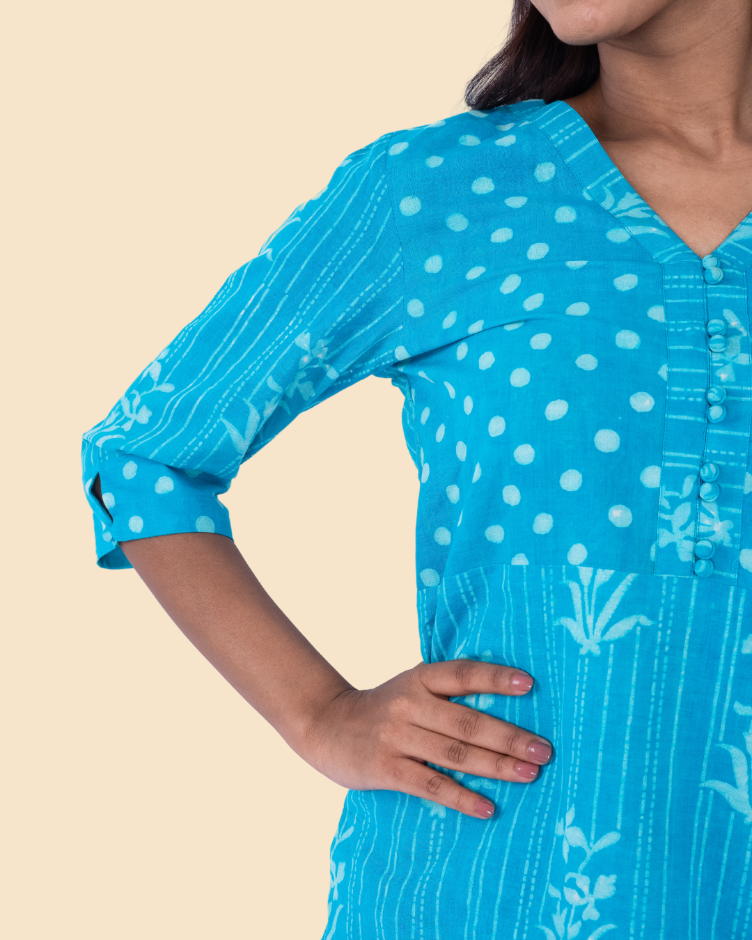 Blue Cotton Dabu Hand Block Printed Short Kurta