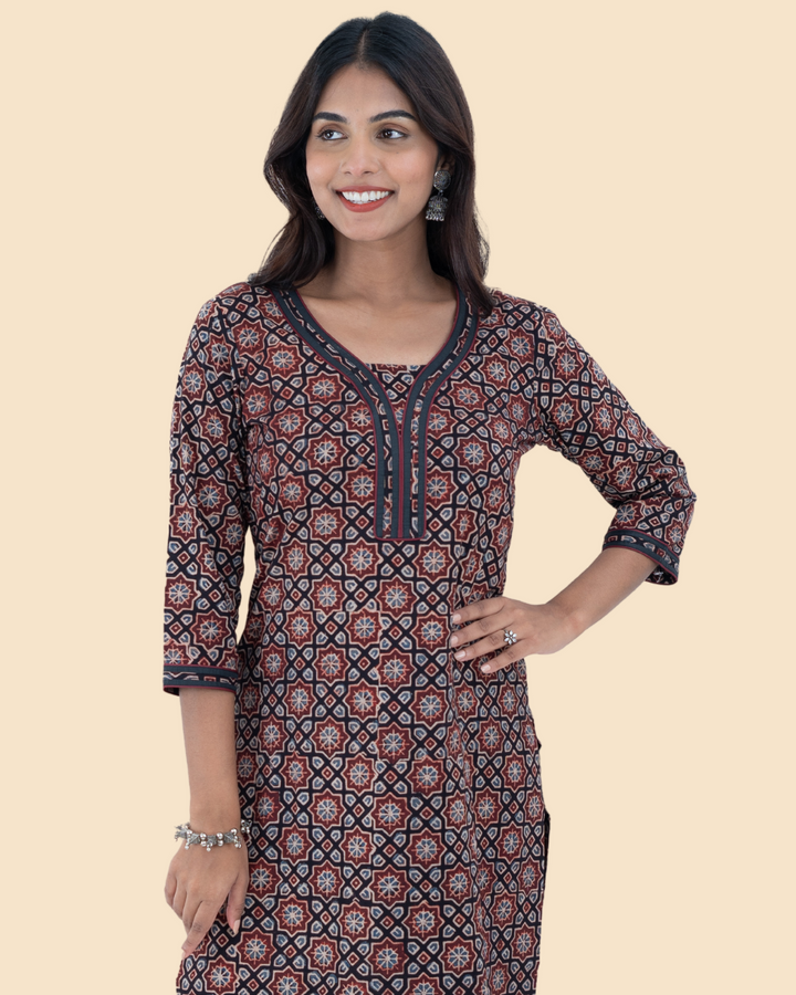 Black Cotton Ajrak Hand Block Printed Long Kurta