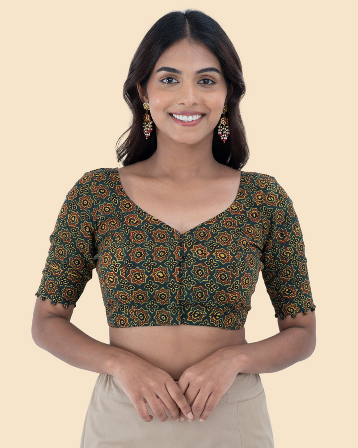 Green Cotton Ajrak Hand Block Printed Blouse
