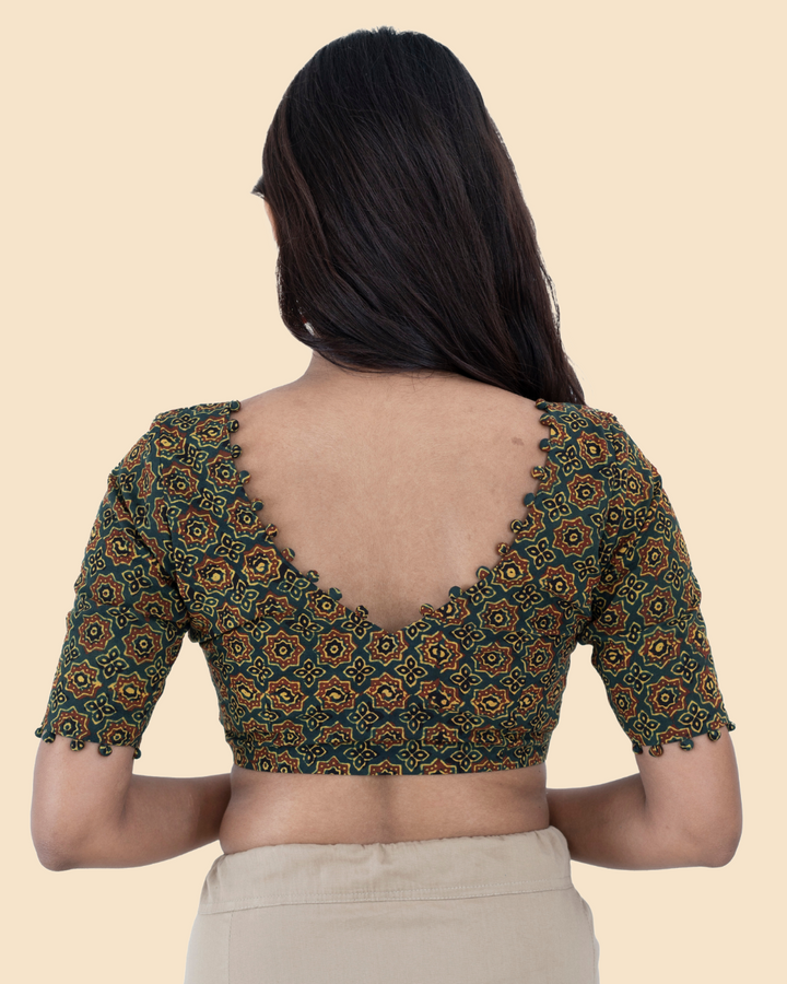 Green Cotton Ajrak Hand Block Printed Blouse