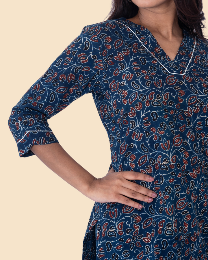 Blue Cotton Ajrakh Hand Block Printed Short Kurta