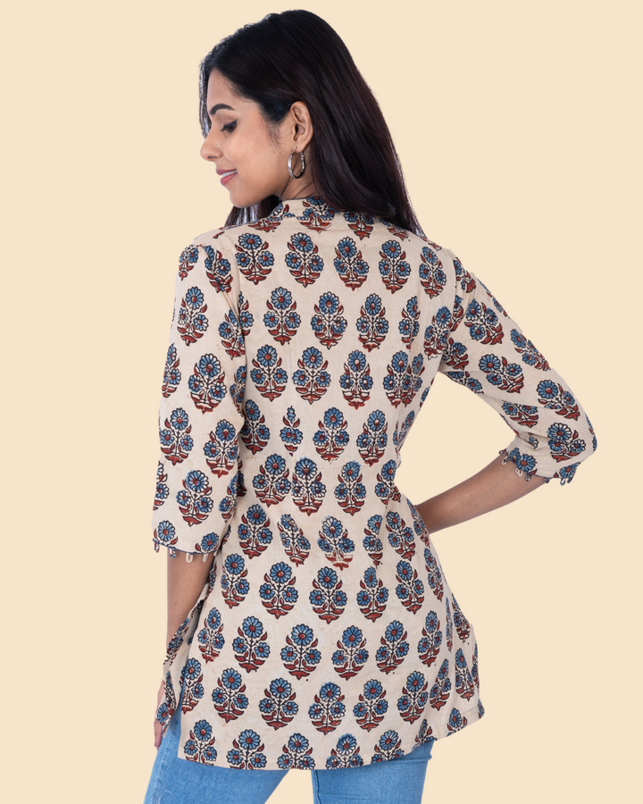 Beige Cotton Ajrakh Hand Block Printed Short Kurta