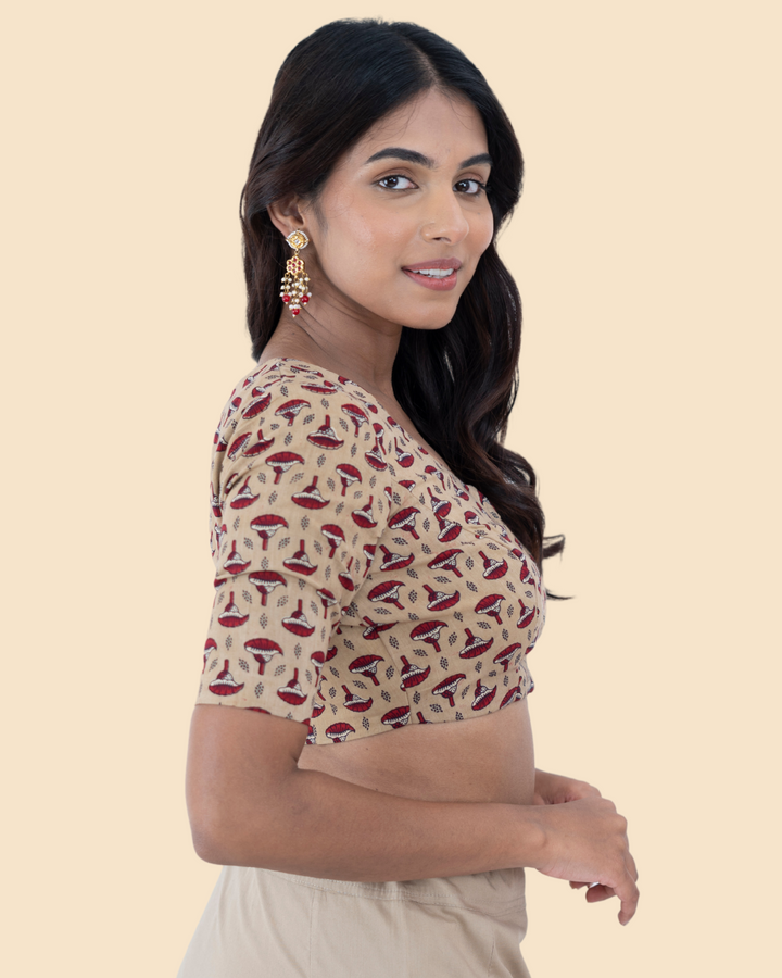 Beige Cotton Ajrak Hand Block Printed Blouse