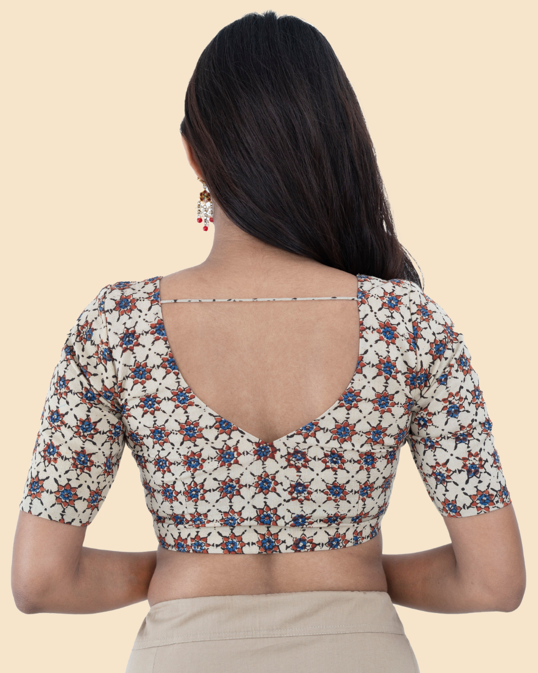 Beige Cotton Ajrak Hand Block Printed Blouse