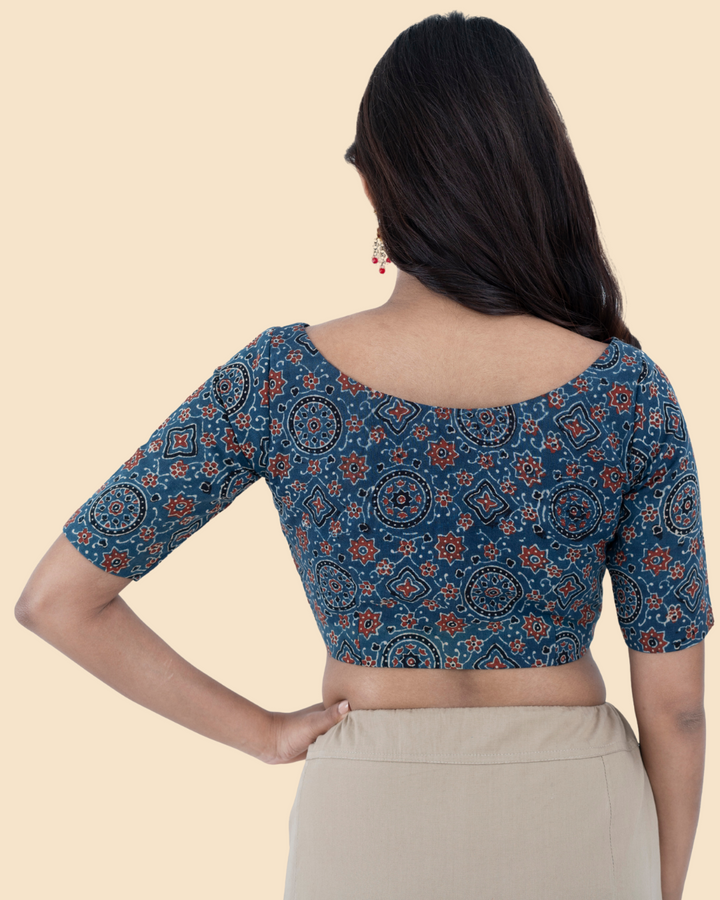 Blue Cotton Ajrak Hand Block Printed Blouse