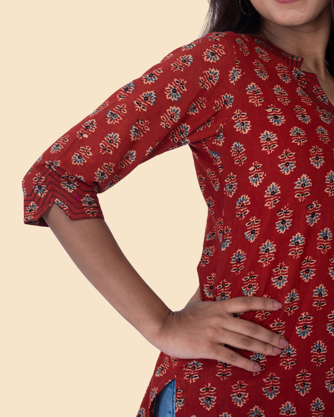 Maroon Cotton Ajrak Hand Block Printed Short Kurta
