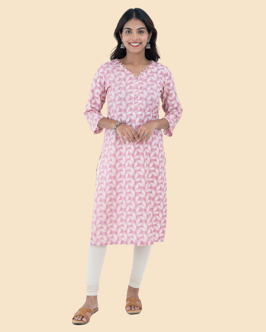 Pink Cotton Kantha Hand Block Printed Long Kurta