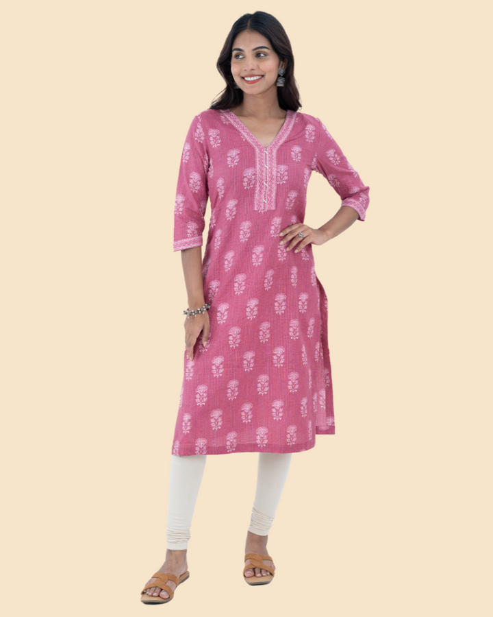 Pink Cotton Kantha Hand Block Printed Long Kurta