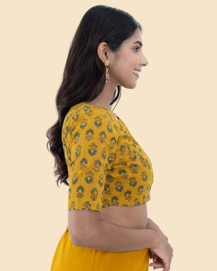 Mustard Cotton Ajrak Hand Block Printed Blouse
