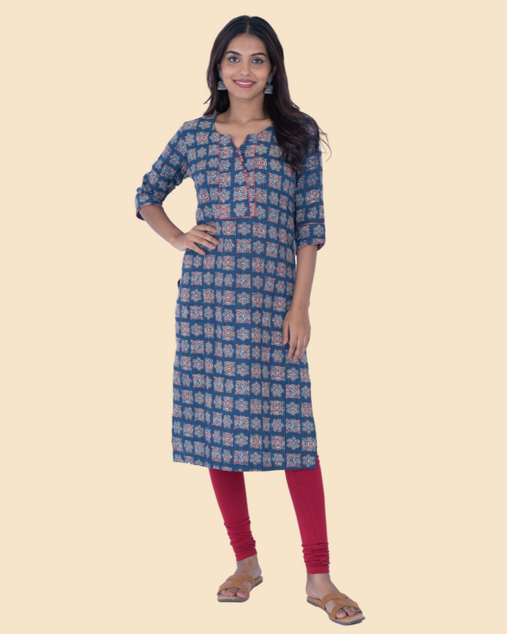 Blue Cotton Kantha Block Printed Long Kurta