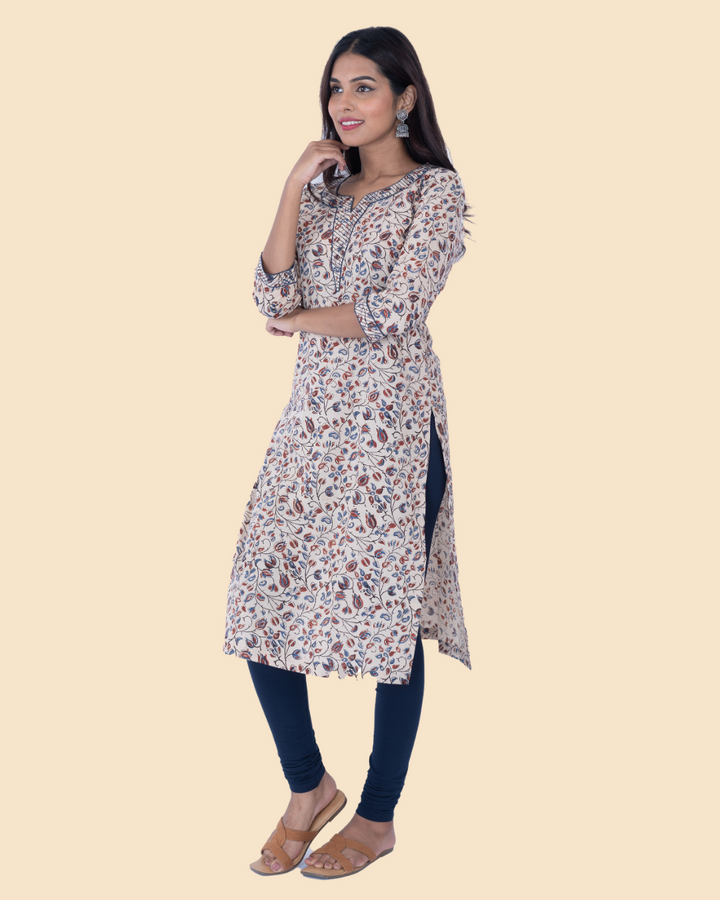 Beige Cotton Ajrak Hand Block Printed Long Kurta