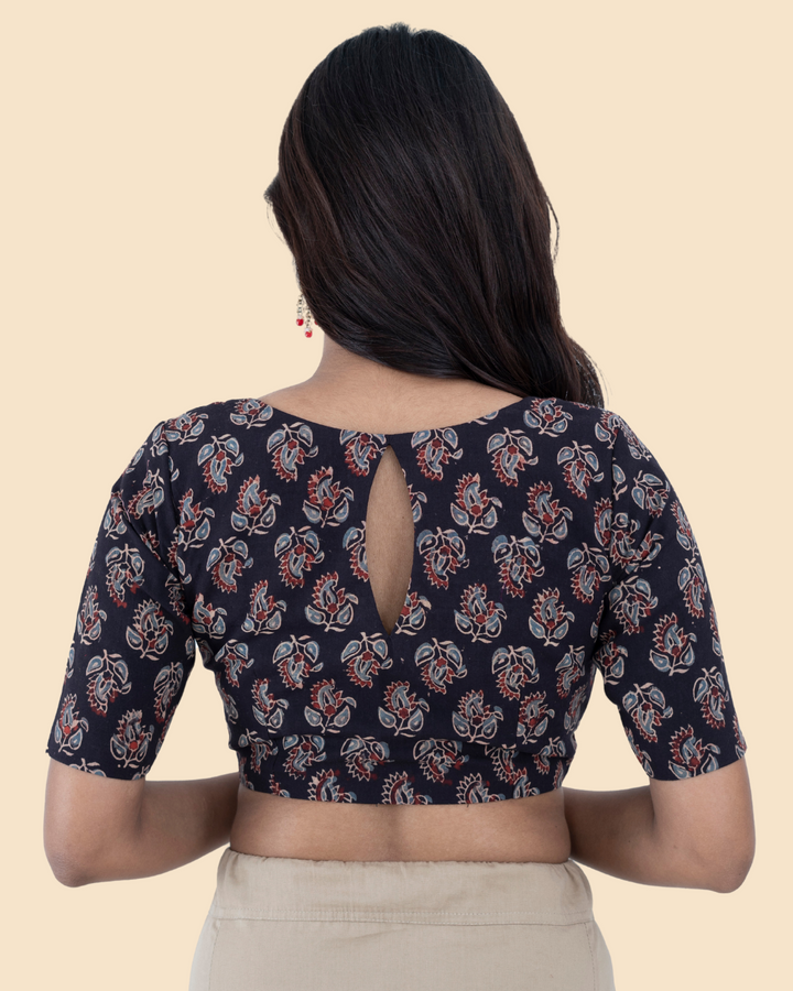 Black Cotton Ajrak Hand Block Printed Blouse
