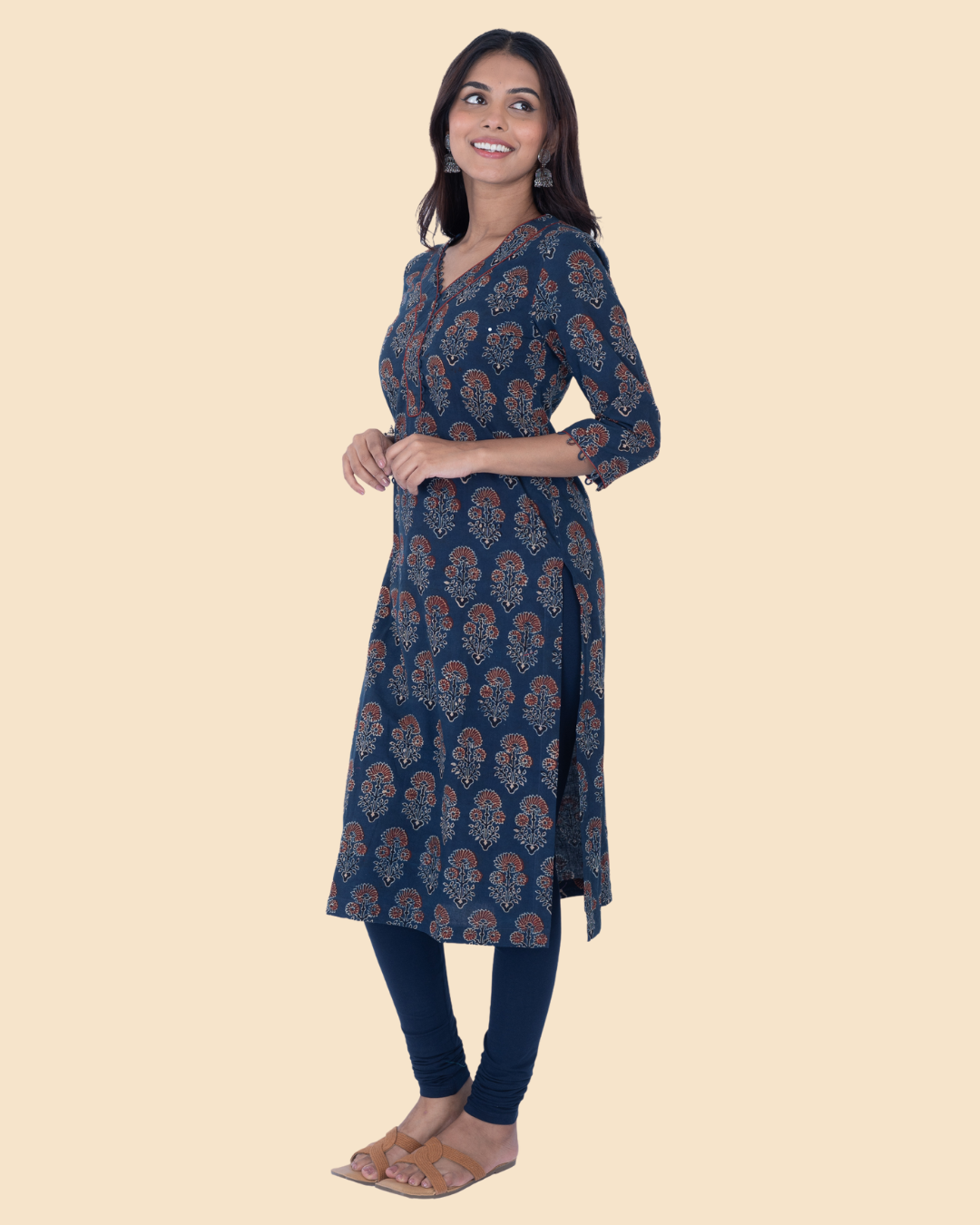 Blue Cotton Ajrak Hand Block Printed Long Kurta