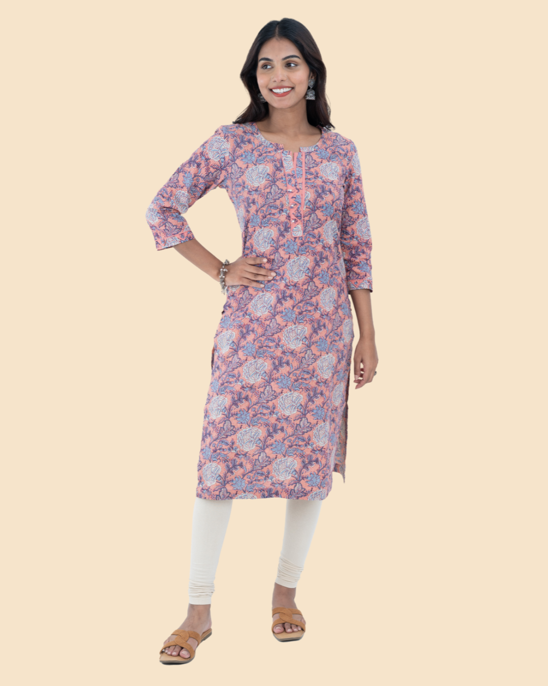Pink Cotton Kantha Hand Block Printed Long Kurta
