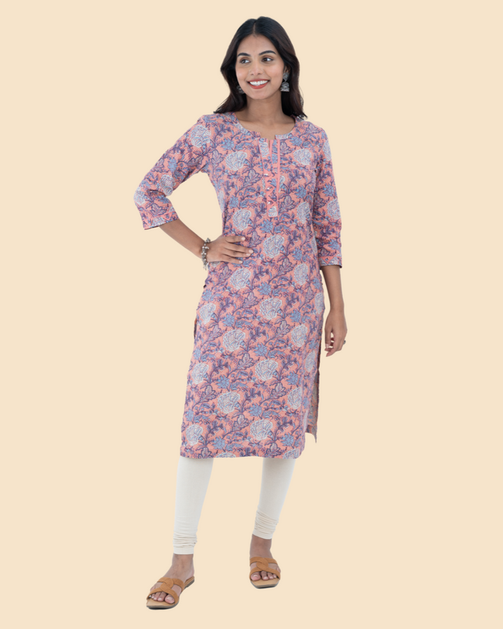 Pink Cotton Kantha Hand Block Printed Long Kurta