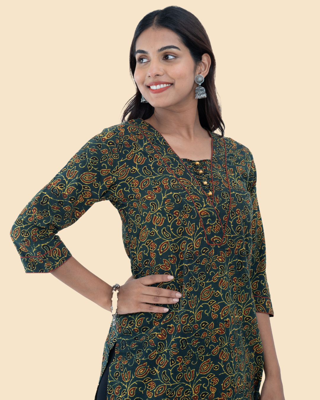 Green Cotton Ajrak Hand Block Printed Long Kurta