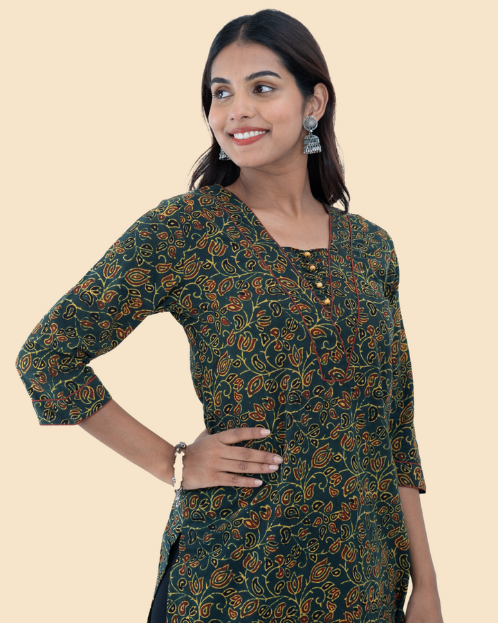 Green Cotton Ajrak Hand Block Printed Long Kurta