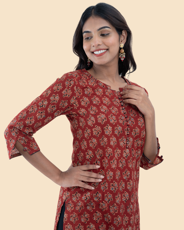 Maroon Cotton Ajrak Hand Block Printed Long Kurta