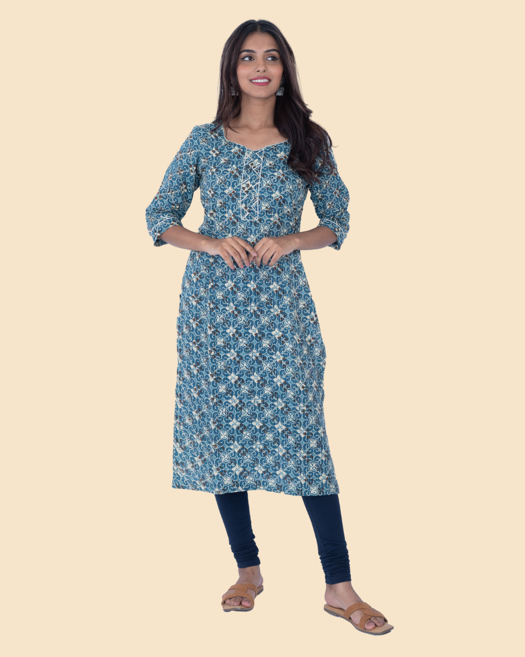 Blue Cotton Kantha Block Printed Long Kurta