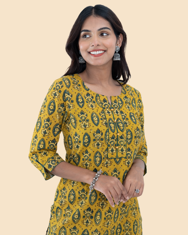 Mustard Cotton Ajrak Hand Block Printed Long Kurta
