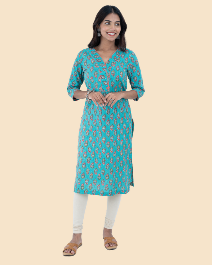 Blue Dabu Cotton Hand Block Printed Long Kurta