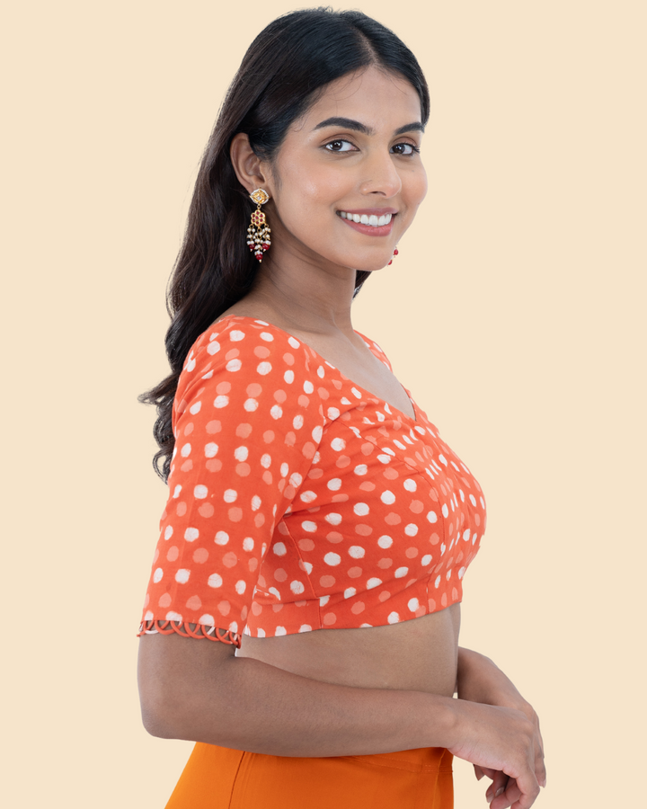 Orange Cotton Dabu Hand Block Printed Blouse
