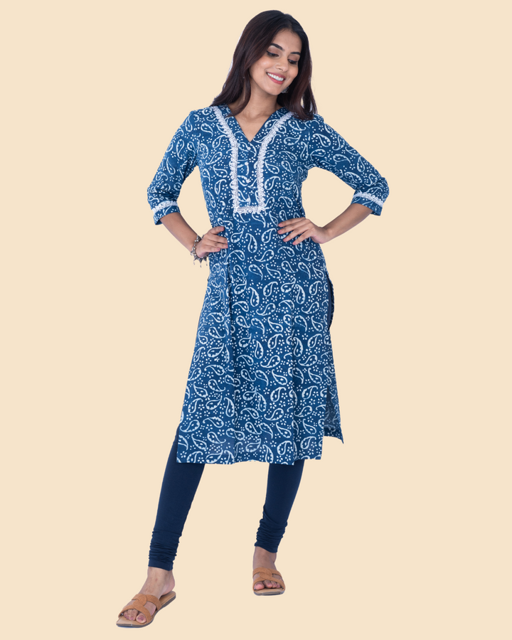 Indigo Cotton Hand Block Printed Long Kurta