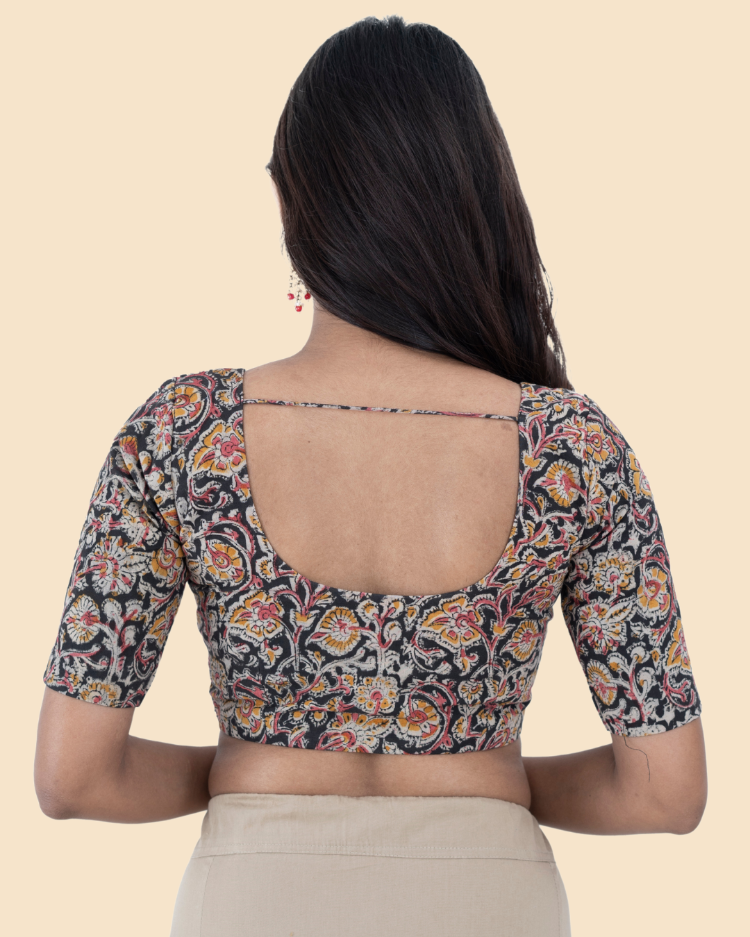 Black Cotton Kalamkari Hand Block Printed Blouse