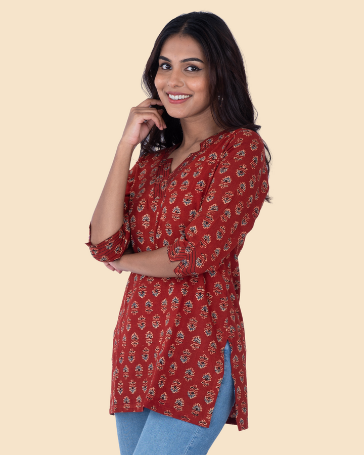 Maroon Cotton Ajrak Hand Block Printed Short Kurta
