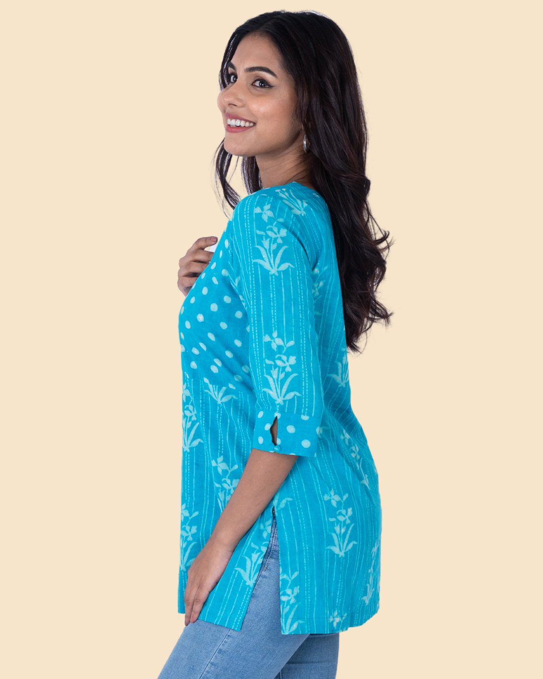 Blue Cotton Dabu Hand Block Printed Short Kurta