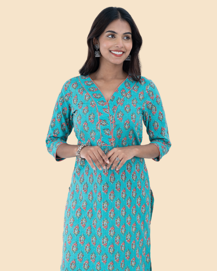 Blue Dabu Cotton Hand Block Printed Long Kurta