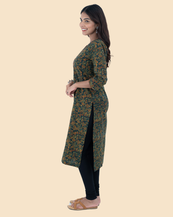 Green Cotton Ajrak Hand Block Printed Long Kurta