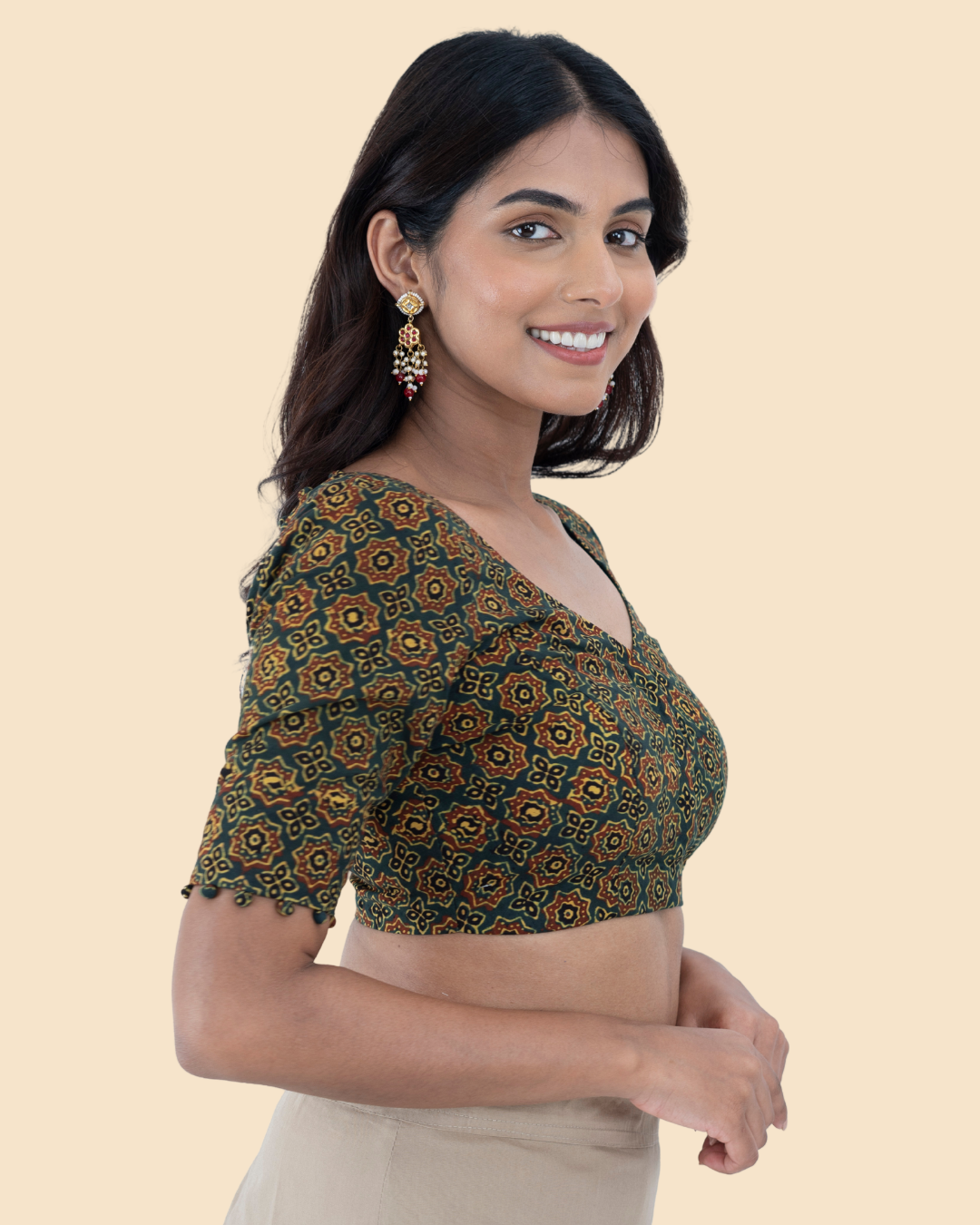 Green Cotton Ajrak Hand Block Printed Blouse
