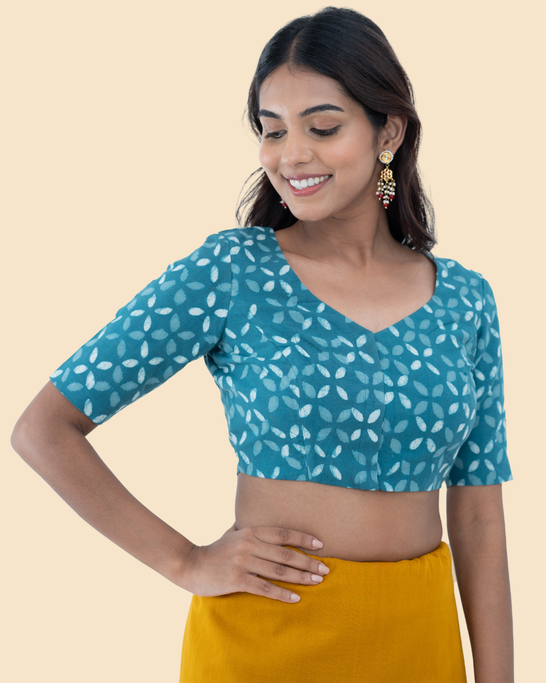 Blue Cotton Dabu Hand Block Printed Blouse