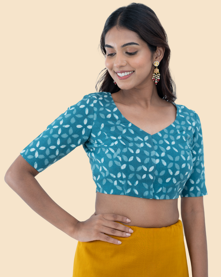 Blue Cotton Dabu Hand Block Printed Blouse