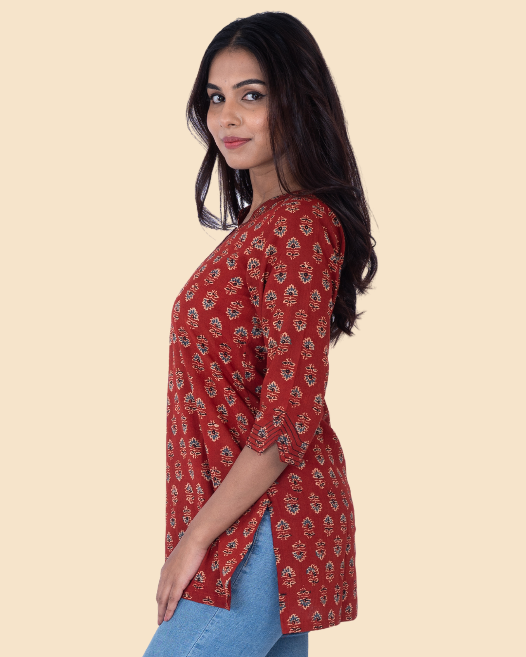 Maroon Cotton Ajrak Hand Block Printed Short Kurta