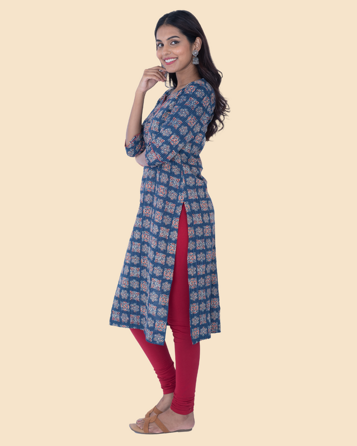 Blue Cotton Kantha Block Printed Long Kurta