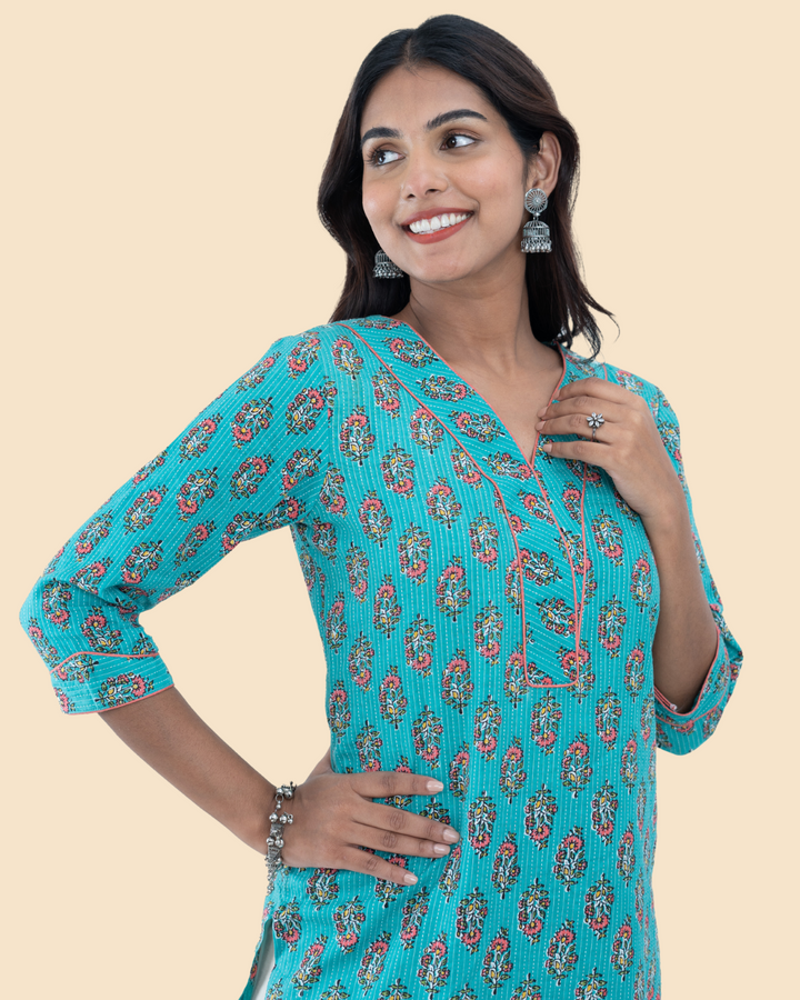 Blue Dabu Cotton Hand Block Printed Long Kurta