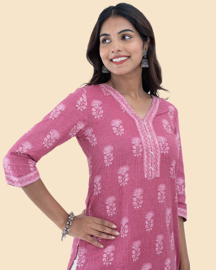 Pink Cotton Kantha Hand Block Printed Long Kurta