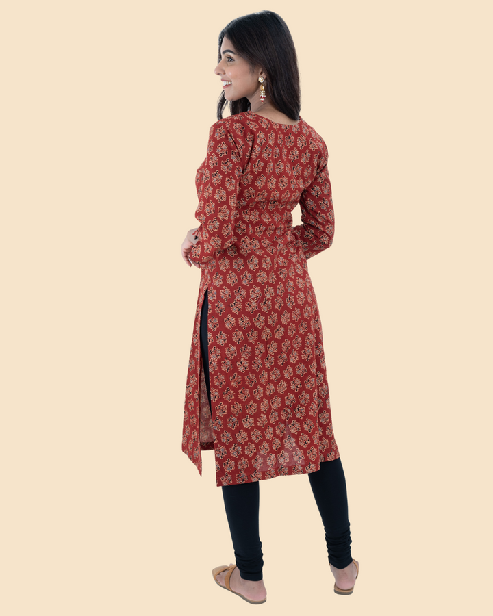 Maroon Cotton Ajrak Hand Block Printed Long Kurta