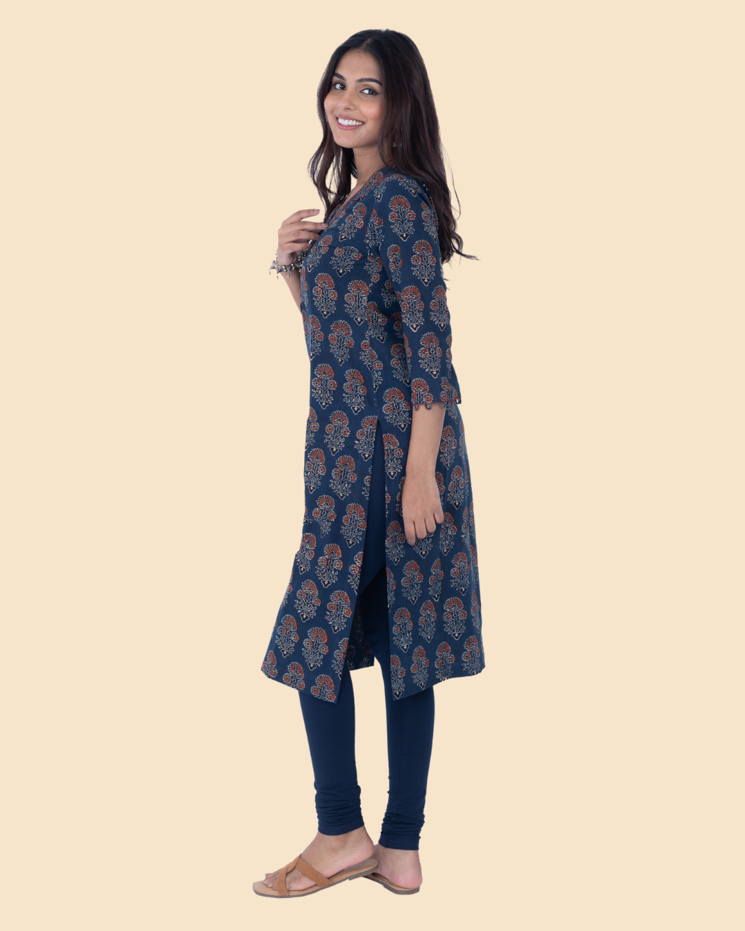 Blue Cotton Ajrak Hand Block Printed Long Kurta