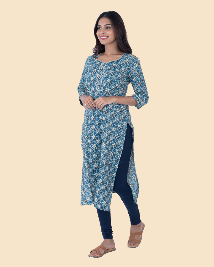 Blue Cotton Kantha Block Printed Long Kurta