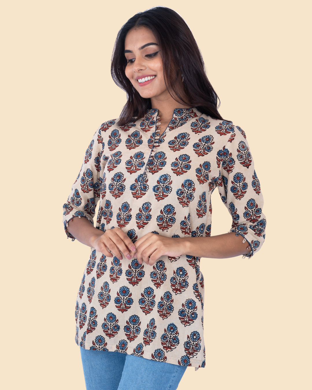 Beige Cotton Ajrakh Hand Block Printed Short Kurta