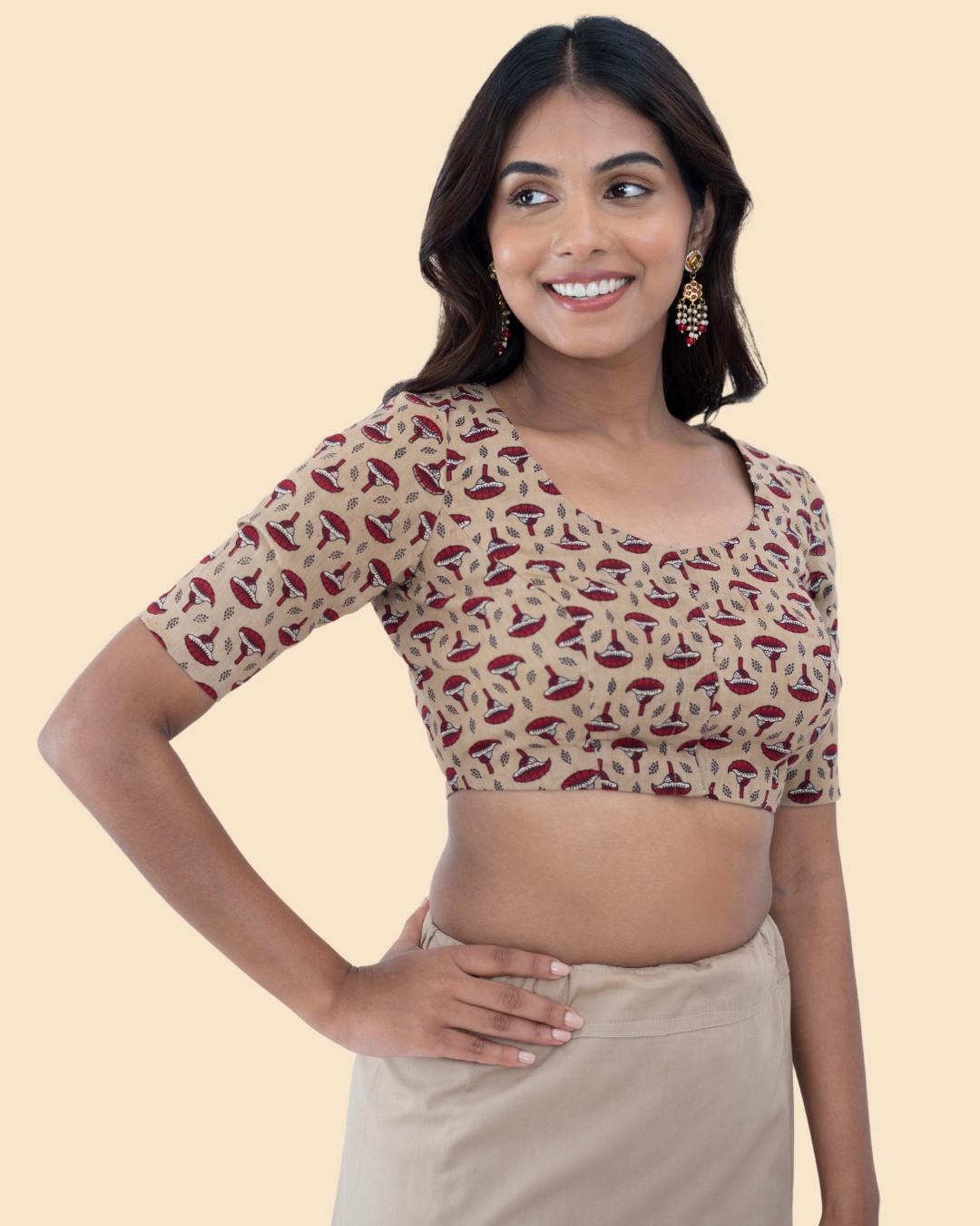 Beige Cotton Ajrak Hand Block Printed Blouse
