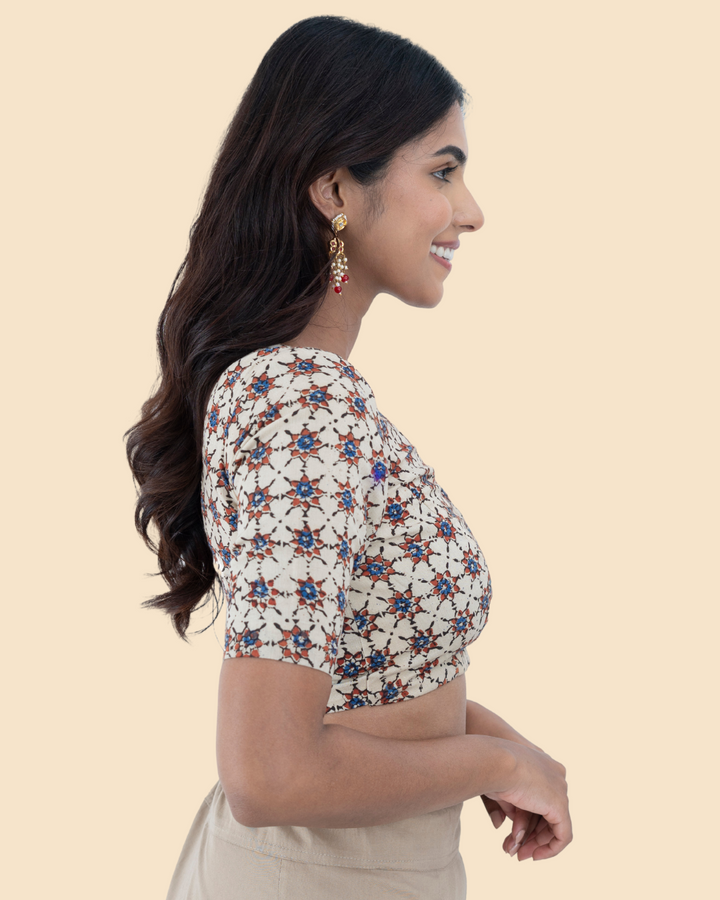 Beige Cotton Ajrak Hand Block Printed Blouse
