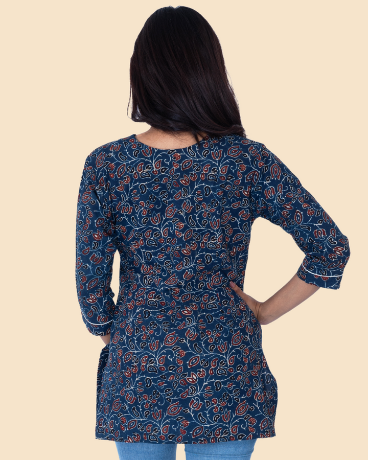 Blue Cotton Ajrakh Hand Block Printed Short Kurta